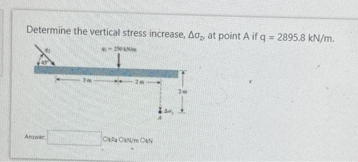 Determine the vertical stress increase, Ao, at point A if q = 2895.8 kN/m.
%3D
250 N
Answer:
OKPa OkN/m OkN
