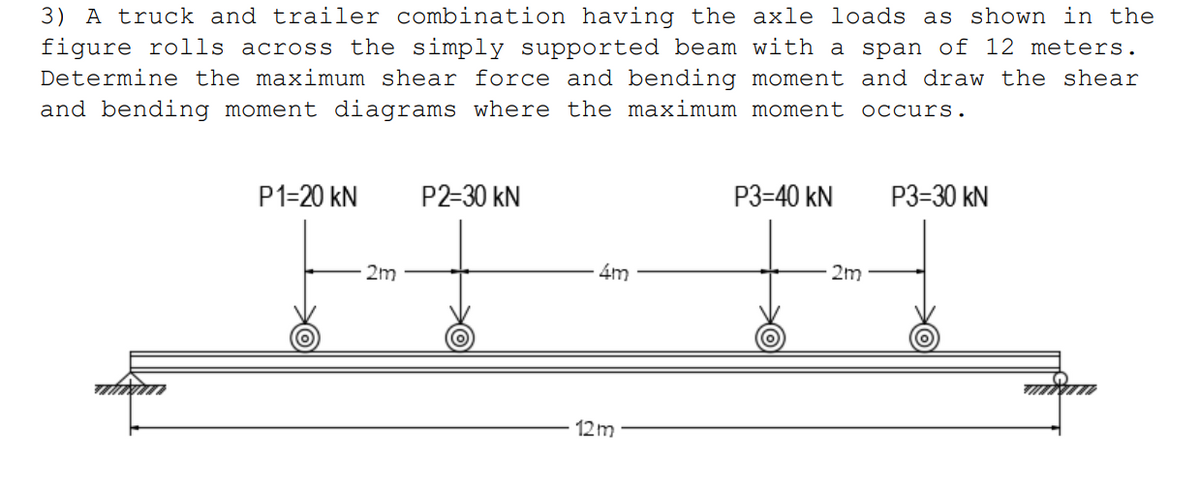 3) A truck and trailer combination having the axle loads as shown in the
figure rolls across the simply supported beam with a span of 12 meters.
Determine the maximum shear force and bending moment and draw the shear
and bending moment diagrams where the maximum moment occurs.
P1=20 KN
P2-30 kN
P3=40 kN
P3=30 KN
4m
whyun
2m
12m
2m