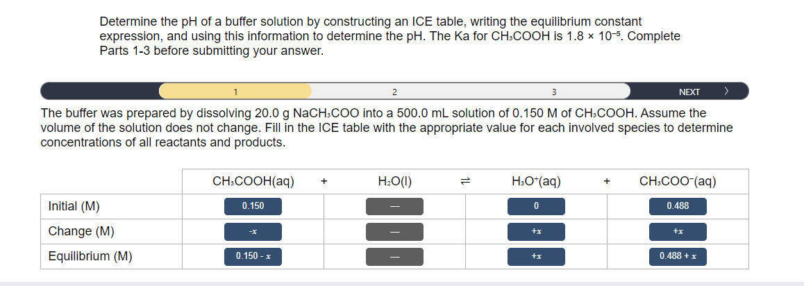 Determine the pH of a buffer solution by constructing an ICE table, writing the equilibrium constant
expression, and using this information to determine the pH. The Ka for CH3COOH is 1.8 x 10-5. Complete
Parts 1-3 before submitting your answer.
3
NEXT >
The buffer was prepared by dissolving 20.0 g NaCH3COO into a 500.0 mL solution of 0.150 M of CH3COOH. Assume the
volume of the solution does not change. Fill in the ICE table with the appropriate value for each involved species to determine
concentrations of all reactants and products.
Initial (M)
Change (M)
Equilibrium (M)
1
CH3COOH(aq)
0.150
-X
0.150 - x
+
2
H₂O(l)
H3O+ (aq)
0
+x
+x
+
CH3COO-(aq)
0.488
+x
0.488 + x