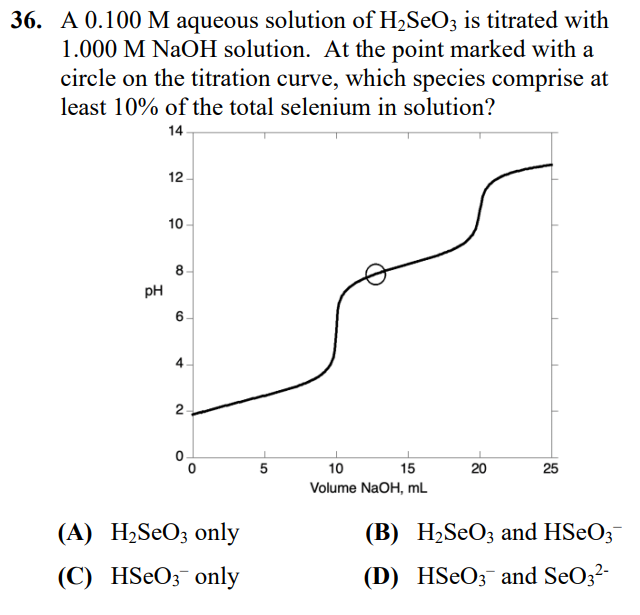 36. A 0.100 M aqueous solution of H₂SeO3 is titrated with
1.000 M NaOH solution. At the point marked with a
circle on the titration curve, which species comprise at
least 10% of the total selenium in solution?
14
PH
12
10
8
6.
★
2-
(A) H₂SO3 only
(C) HSeO3 only
5
15
10
Volume NaOH, mL
20
25
(B) H₂SeO3 and HSeO3¯
(D) HSeO3 and SeO3²-