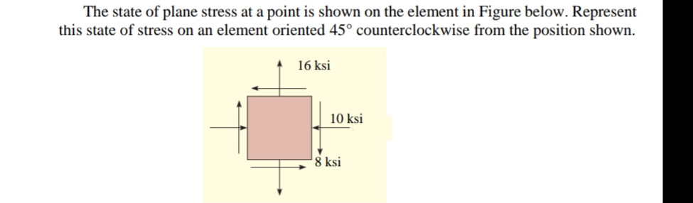 The state of plane stress at a point is shown on the element in Figure below. Represent
this state of stress on an element oriented 45° counterclockwise from the position shown.
16 ksi
10 ksi
8 ksi
