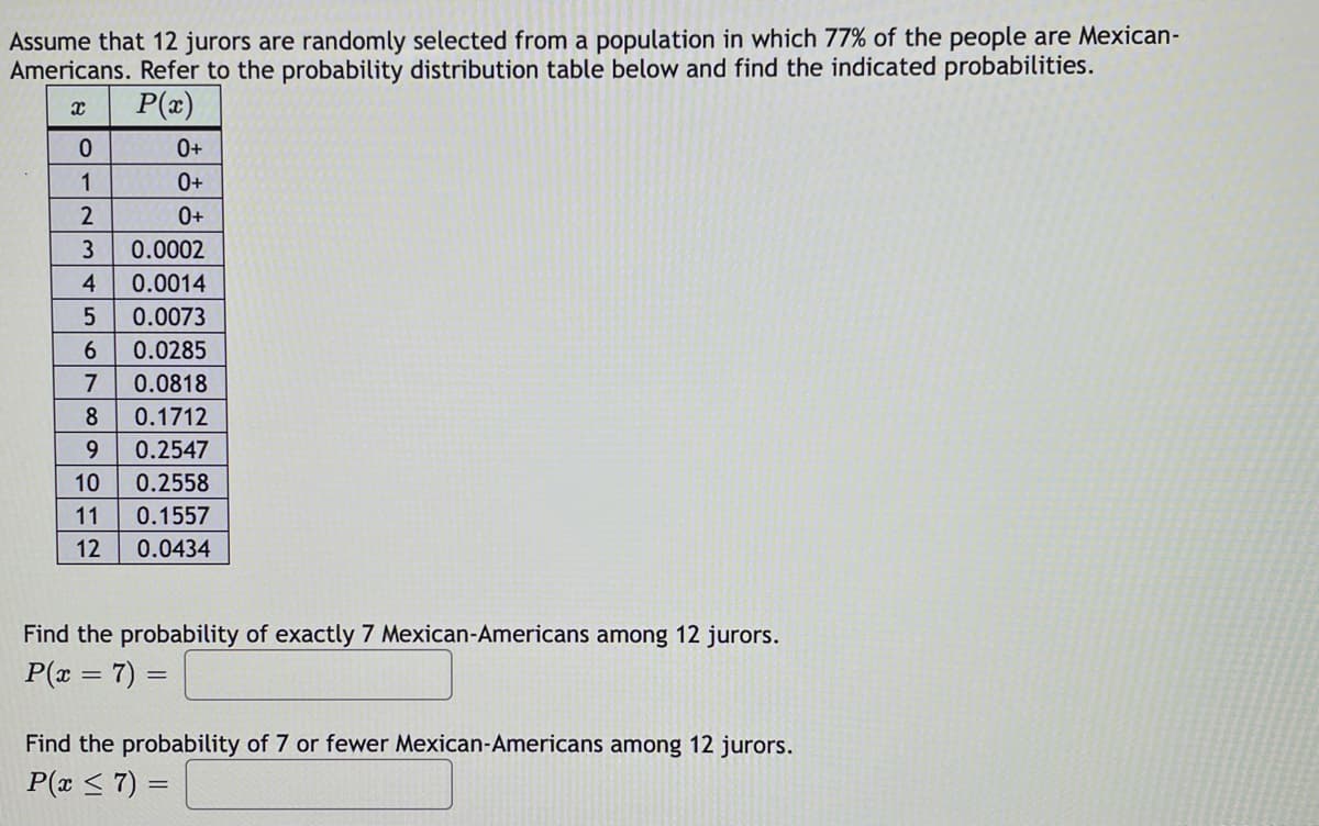 Assume that 12 jurors are randomly selected from a population in which 77% of the people are Mexican-
Americans. Refer to the probability distribution table below and find the indicated probabilities.
P(æ)
0+
1
0+
0+
3
0.0002
4
0.0014
0.0073
6.
0.0285
7
0.0818
8
0.1712
9.
0.2547
10
0.2558
11
0.1557
12
0.0434
Find the probability of exactly 7 Mexican-Americans among 12 jurors.
P(x = 7) =
Find the probability of 7 or fewer Mexican-Americans among 12 jurors.
P(x < 7) =
%3|
