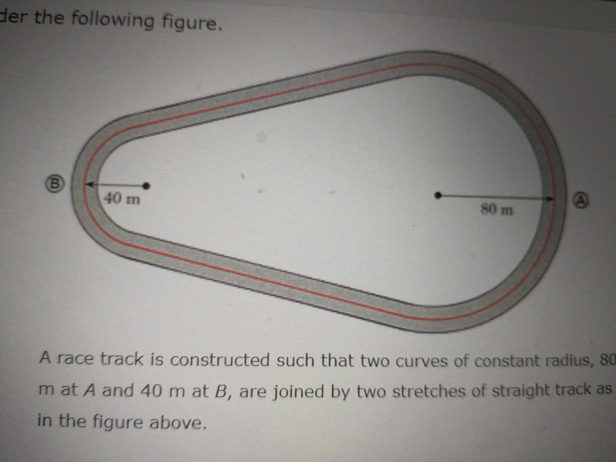 der the following figure.
40 m
80 m
A race track is constructed such that two curves of constant radius, 80
m at A and 40 m at B, are joined by two stretches of straight track as
in the figure above.
