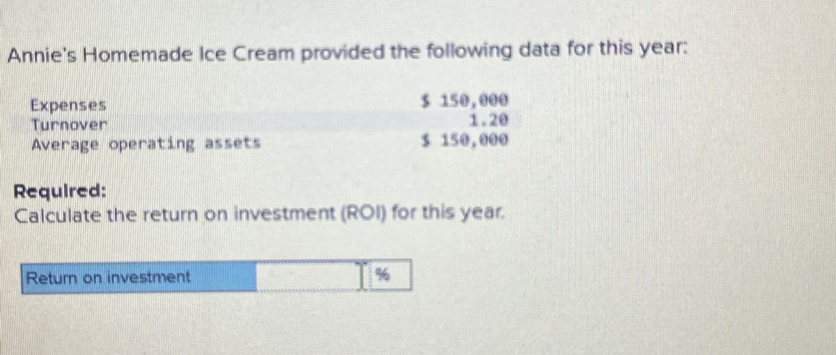 Annie's Homemade Ice Cream provided the following data for this year:
Expenses
Turnover
Average operating assets
$ 150,000
1.20
$ 150,000
Required:
Calculate the return on investment (ROI) for this year.
Return on investment
96