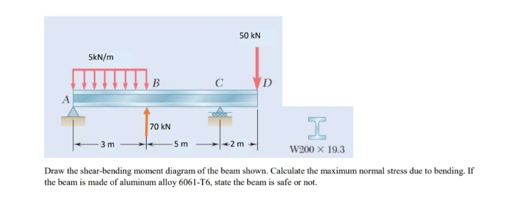 50 kN
5kN/m
B
D
70 kN
- 3 m
- 5m
-2 m
W200 x 19.3
Draw the shear-bending moment diagram of the beam shown. Calculate the maximum normal stress due to bending. If
the beam is made of aluminum alloy 6061-T6, state the beam is safe or not.
