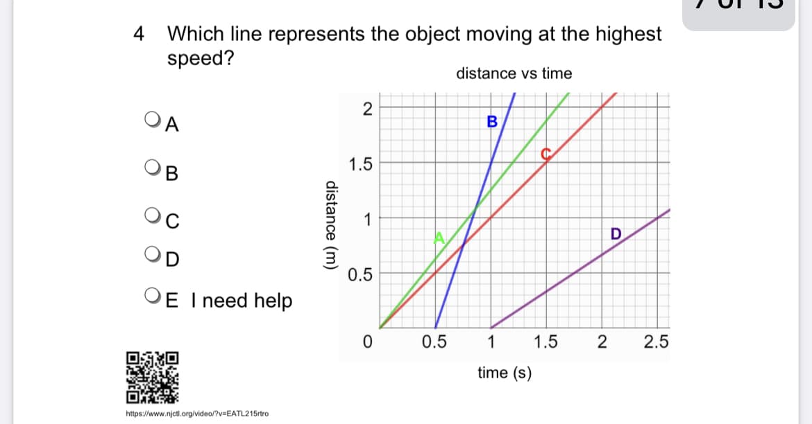 Which line represents the object moving at the highest
speed?
distance vs time
OA
OE I need help
https://www.njctl.org/video/?v=EATL215rtro
distance (m)
2
1.5
1
0.5
0
0.5
B
1.5
1
time (s)
2
D
2.5