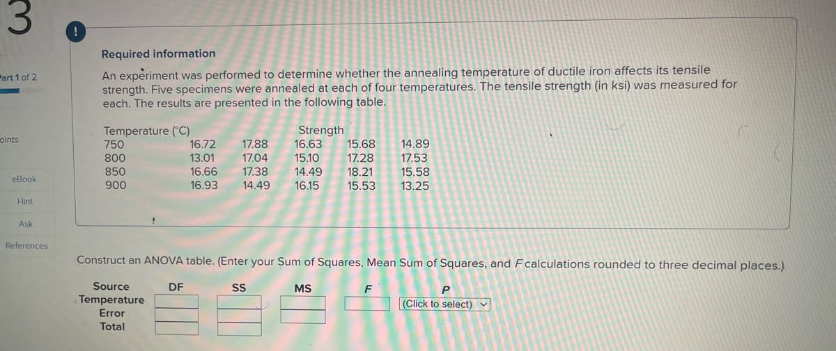 3
!
Required information
Part 1 of 2
An experiment was performed to determine whether the annealing temperature of ductile iron affects its tensile
strength. Five specimens were annealed at each of four temperatures. The tensile strength (in ksi) was measured for
each. The results are presented in the following table.
Temperature (°C)
Strength
oints
750
16.72
17.88
16.63
15.68
14.89
800
13.01
17.04
15.10
17.28
17.53
850
16.66
17.38
14.49
18.21
15.58
eBook
900
16.93
14.49
16.15
15.53 13.25
Hint
Ask
References
Construct an ANOVA table. (Enter your Sum of Squares, Mean Sum of Squares, and F calculations rounded to three decimal places.)
Source
Temperature
DF
SS
MS
P
F
(Click to select)
Error
Total