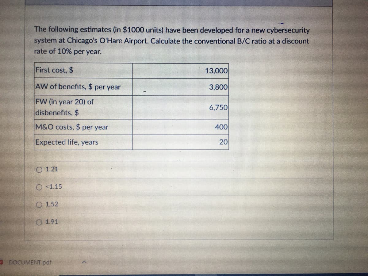 The following estimates (in $1000 units) have been developed for a new cybersecurity
system at Chicago's O'Hare Airport. Calculate the conventional B/C ratio at a discount
rate of 10% per year.
First cost, $
AW of benefits, $ per year
FW (in year 20) of
disbenefits, $
M&O costs, $ per year
Expected life, years
O 1.21
<1.15
1.52
O 1.91
DOCUMENT.pdf
13,000
3,800
6,750
400
20