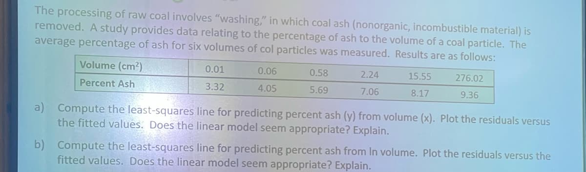The processing of raw coal involves "washing," in which coal ash (nonorganic, incombustible material) is
removed. A study provides data relating to the percentage of ash to the volume of a coal particle. The
average percentage of ash for six volumes of col particles was measured. Results are as follows:
Volume (cm²)
Percent Ash
0.01
3.32
0.06
0.58
2.24
15.55
276.02
4.05
5.69
7.06
8.17
9.36
a) Compute the least-squares line for predicting percent ash (y) from volume (x). Plot the residuals versus
the fitted values. Does the linear model seem appropriate? Explain.
b) Compute the least-squares line for predicting percent ash from In volume. Plot the residuals versus the
fitted values. Does the linear model seem appropriate? Explain.