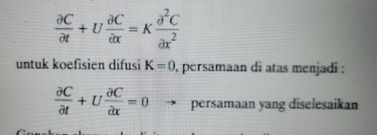 C
at
Cunak.
DC
at
+U
ac
2x
+ U
dr²
untuk koefisien difusi K=0, persamaan di atas menjadi:
persamaan yang diselesaikan
=
ac
dx
K
a²c
2
= 0