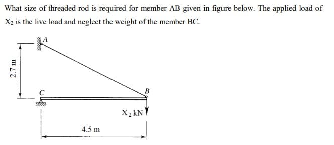 What size of threaded rod is required for member AB given in figure below. The applied load of
X2 is the live load and neglect the weight of the member BC.
X2 kN
4.5 m
2.7 m

