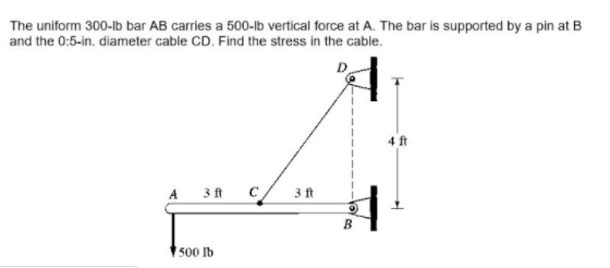 The uniform 300-lb bar AB carries a 500-lb vertical force at A. The bar is supported by a pin at B
and the 0:5-in. diameter cable CD. Find the stress in the cable.
4 ft
A 3 ft
3 ft
B.
500 Ib
