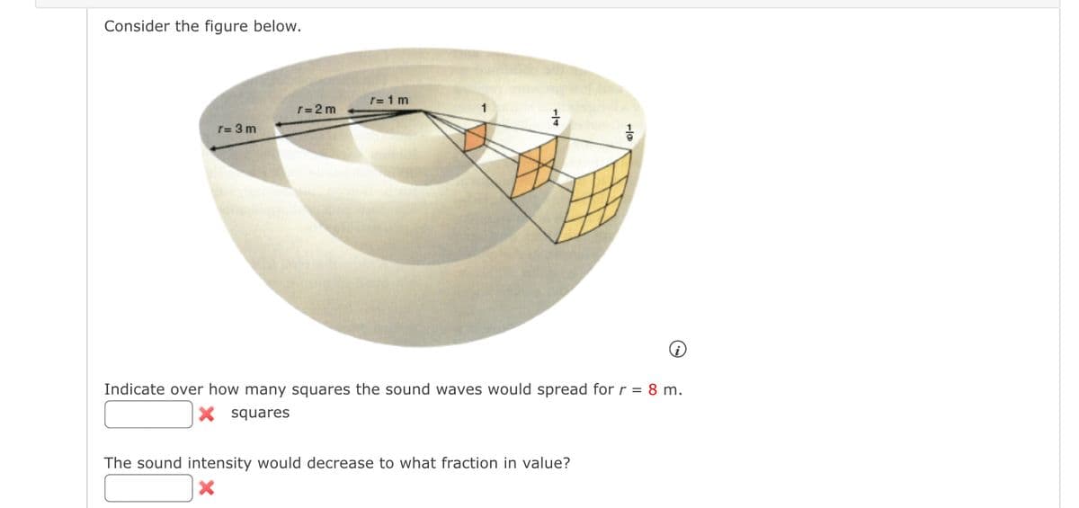 Consider the figure below.
r= 1 m
r=2m
1
44
r=3m
-lo
i
Indicate over how many squares the sound waves would spread for r = 8 m.
x
squares
The sound intensity would decrease to what fraction in value?