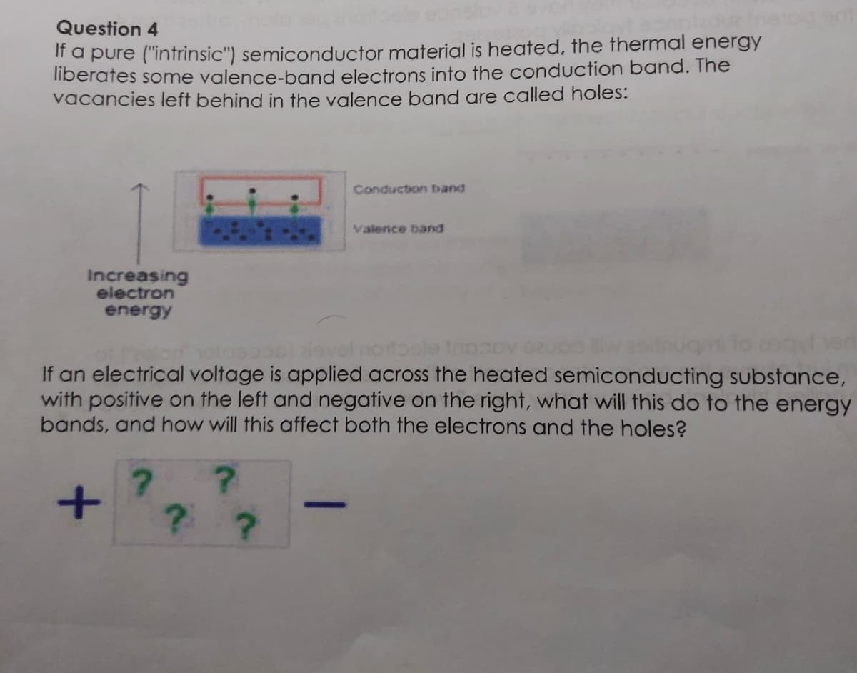 Question 4
Ira pure ("intrìnsic") semiconductor material is heated, the thermal energy
liberates some valence-band electrons into the conduction band. The
vacancies left behind in the valence band are called holes:
Conduction band
Valence band
Increasing
electron
energy
otoso0l alavelnortbele tnpDy
If an electrical voltage is applied across the heated semiconducting substance,
with positive on the left and negative on the right, what will this do to the energy
bands, and how will this affect both the electrons and the holes?
|
