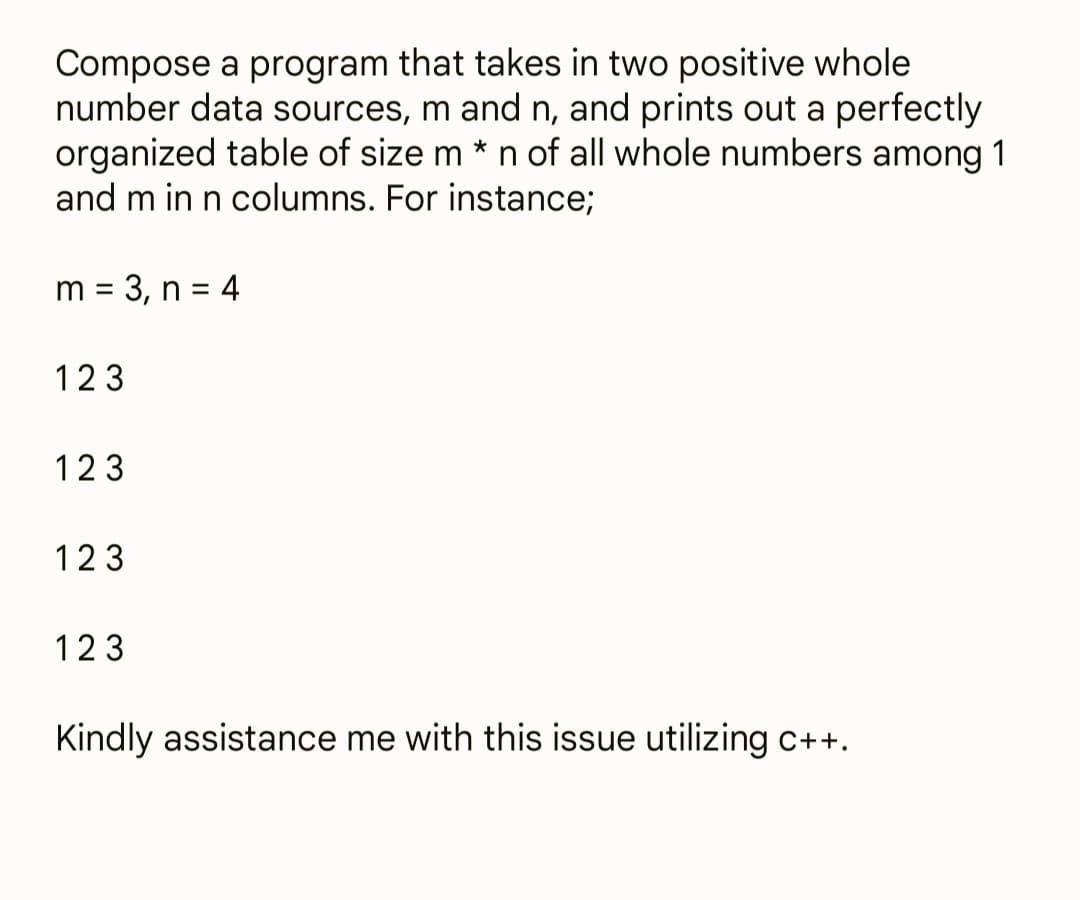 Compose a program that takes in two positive whole
number data sources, m and n, and prints out a perfectly
organized table of size m * n of all whole numbers among 1
and m in n columns. For instance;
m = 3, n = 4
123
123
123
123
Kindly assistance me with this issue utilizing c++.