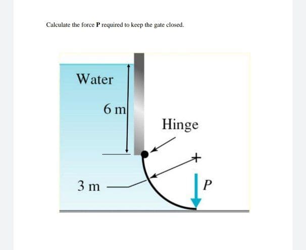 Calculate the force P required to keep the gate closed.
Water
6 m
Hinge
3 m
