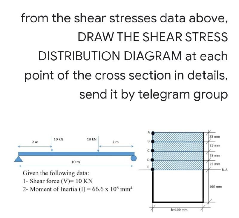 from the shear stresses data above,
DRAW THE SHEAR STRESS
DISTRIBUTION DIAGRAM at each
point of the cross section in details,
send it by telegram group
A
25 mm
10 kN
10 kN
2 m
2 m
25 mm
25 mm
10 m
25 mm
E
N.A
Given the following data:
1- Shear force (V)= 10 KN
2- Moment of Inertia (I) = 66.6 x 10° mm
100 mm
b=100 mm
