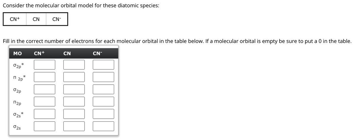 Consider the molecular orbital model for these diatomic species:
CN+
CN
CN-
Fill in the correct number of electrons for each molecular orbital in the table below. If a molecular orbital is empty be sure to put a 0 in the table.
MO
CN+
020
11 2P
*
020
12p
025
025
CN
CN