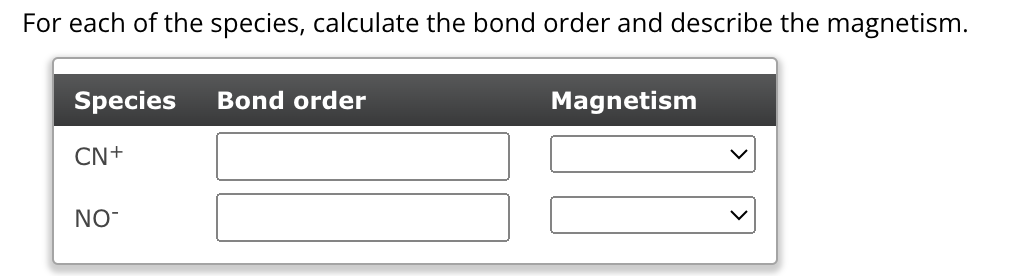 For each of the species, calculate the bond order and describe the magnetism.
Species
Bond order
CN+
NO-
Magnetism