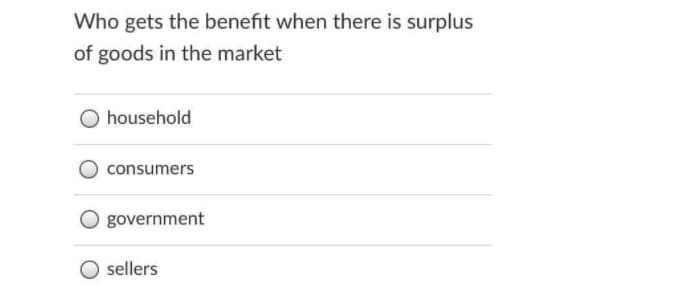 Who gets the benefit when there is surplus
of goods in the market
household
consumers
government
sellers

