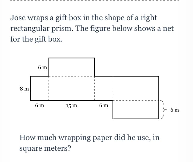 Jose wraps a gift box in the shape of a right
rectangular prism. The figure below shows a net
for the gift box.
6 m
8 m
6 m
15 m
6 m
6 m
How much wrapping paper did he use,
in
square meters?
