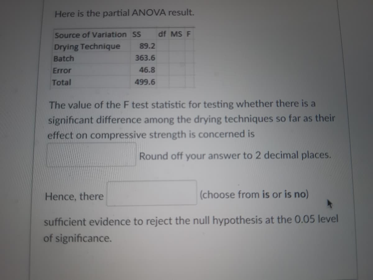 Here is the partial ANOVA result.
Source of Variation SS df MS F
Drying Technique
Batch
Error
Total
89.2
363.6
46.8
499.6
The value of the F test statistic for testing whether there is a
significant difference among the drying techniques so far as their
effect on compressive strength is concerned is
Round off your answer to 2 decimal places.
Hence, there
(choose from is or is no)
sufficient evidence to reject the null hypothesis at the 0.05 level
of significance.