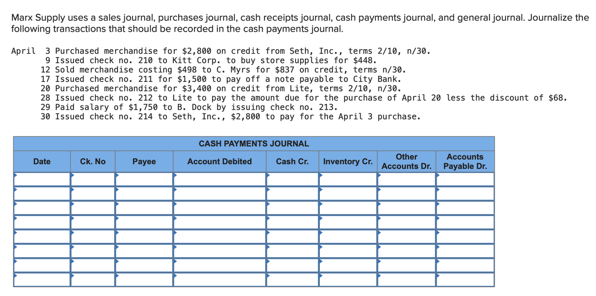 Marx Supply uses a sales journal, purchases journal, cash receipts journal, cash payments journal, and general journal. Journalize the
following transactions that should be recorded in the cash payments journal.
April 3 Purchased merchandise for $2,800 on credit from Seth, Inc., terms 2/10, n/30.
9 Issued check no. 210 to Kitt Corp. to buy store supplies for $448.
12 Sold merchandise costing $498 to C. Myrs for $837 on credit, terms n/30.
17 Issued check no. 211 for $1,500 to pay off a note payable to City Bank.
20 Purchased merchandise for $3,400 on credit from Lite, terms 2/10, n/30.
28 Issued check no. 212 to Lite to pay the amount due for the purchase of April 20 less the discount of $68.
29 Paid salary of $1,750 to B. Dock by issuing check no. 213.
30 Issued check no. 214 to Seth, Inc., $2,800 to pay for the April 3 purchase.
CASH PAYMENTS JOURNAL
Other
Accounts
Date
Ck. No
Рaye
Account Debited
Cash Cr.
Inventory Cr.
Accounts Dr.
Payable Dr.

