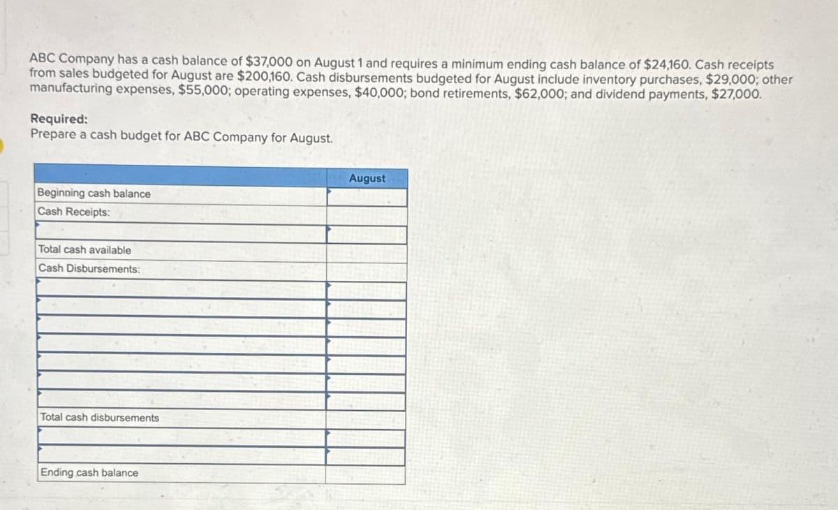 ABC Company has a cash balance of $37,000 on August 1 and requires a minimum ending cash balance of $24,160. Cash receipts
from sales budgeted for August are $200,160. Cash disbursements budgeted for August include inventory purchases, $29,000; other
manufacturing expenses, $55,000; operating expenses, $40,000; bond retirements, $62,000; and dividend payments, $27,000.
Required:
Prepare a cash budget for ABC Company for August.
Beginning cash balance
Cash Receipts:
Total cash available
Cash Disbursements:
Total cash disbursements
Ending cash balance
August