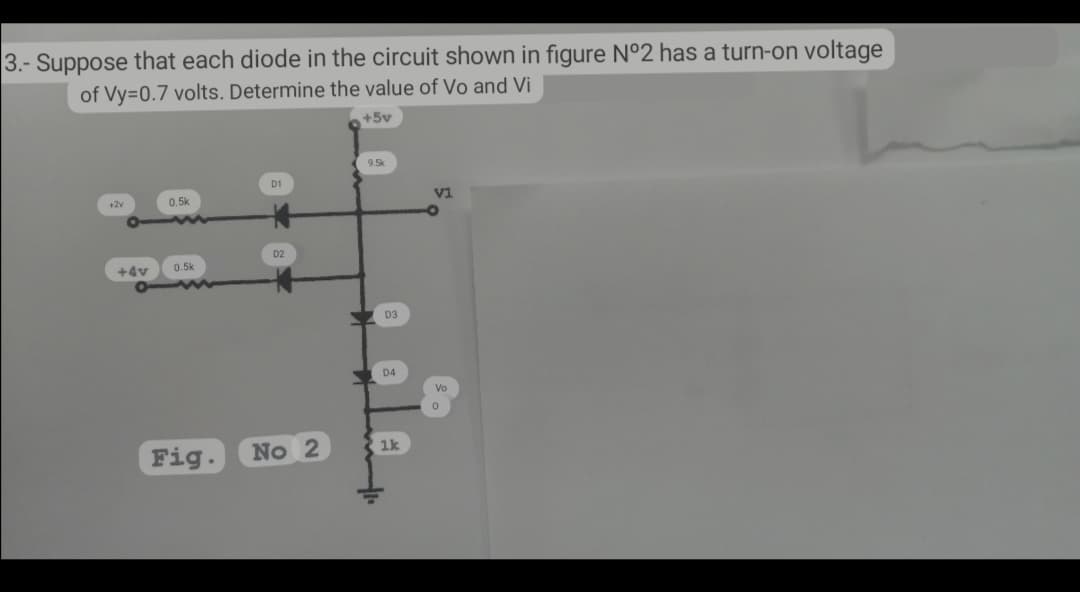 3.- Suppose that each diode in the circuit shown in figure N°2 has a turn-on voltage
of Vy=0.7 volts. Determine the value of Vo and Vi
+5v
9.5k
D1
+2v
0.5k
V1
D2
No 2
+4v
0.5k
w
Fig.
D3
D4
1k
O
Vo
0