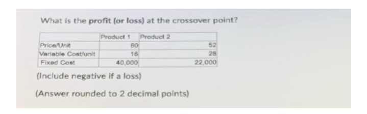 What is the profit (or loss) at the crossover point?
Product 1
Product 2
Price/Unit
60
52
Variable Cost/unit
16
28
Fixed Cost
40,000
22,000
(Include negative if a loss)
(Answer rounded to 2 decimal points)
