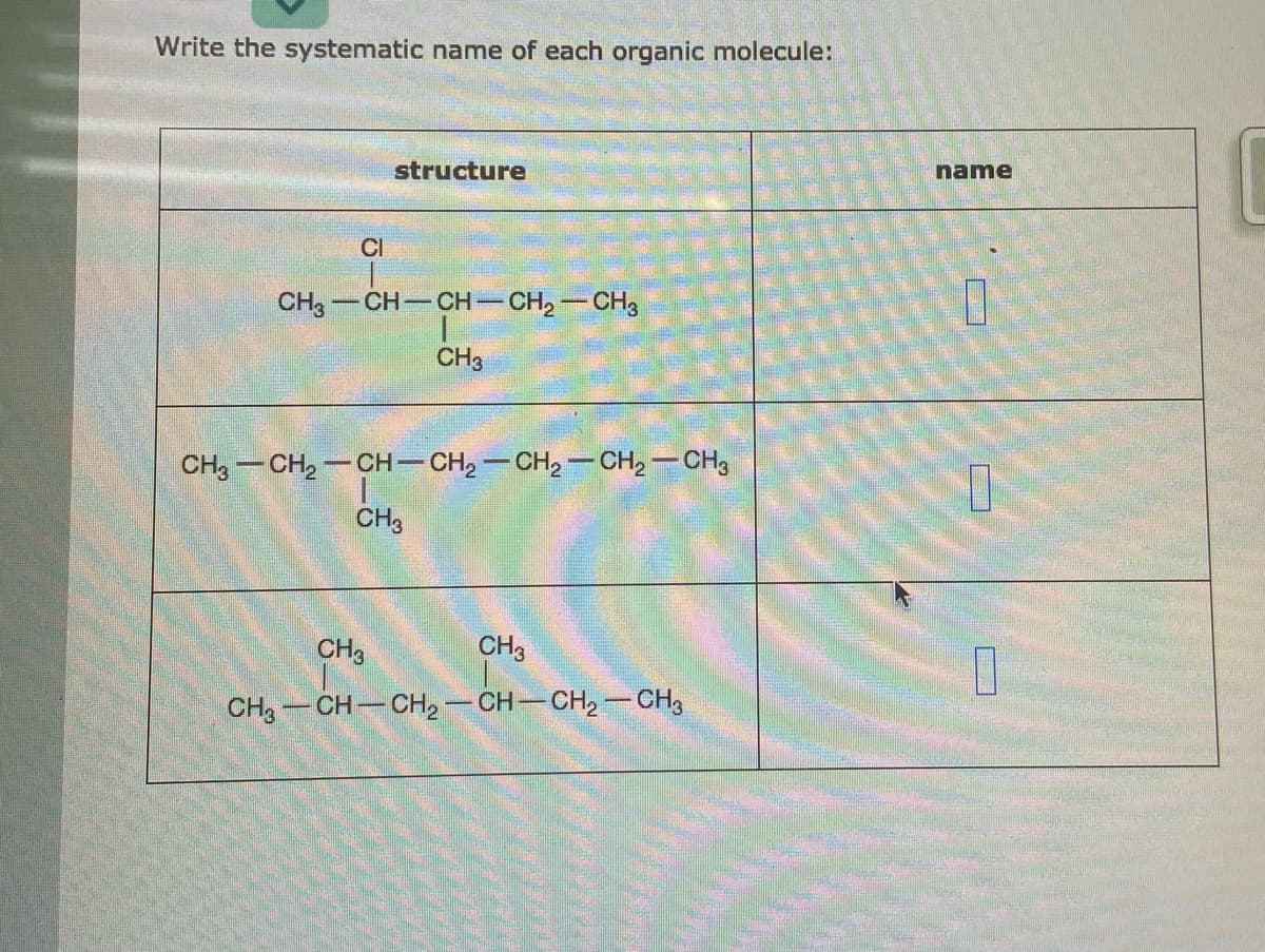 Write the systematic name of each organic molecule:
structure
name
CI
CH3
-CH-CH-CH2-CH3
CH3
CH, -CH, - CH-CH2 -CH, -CH,-CH3
CH3
CH3
CH3
CH, -CH- CH2-CH-CH,- CH3
