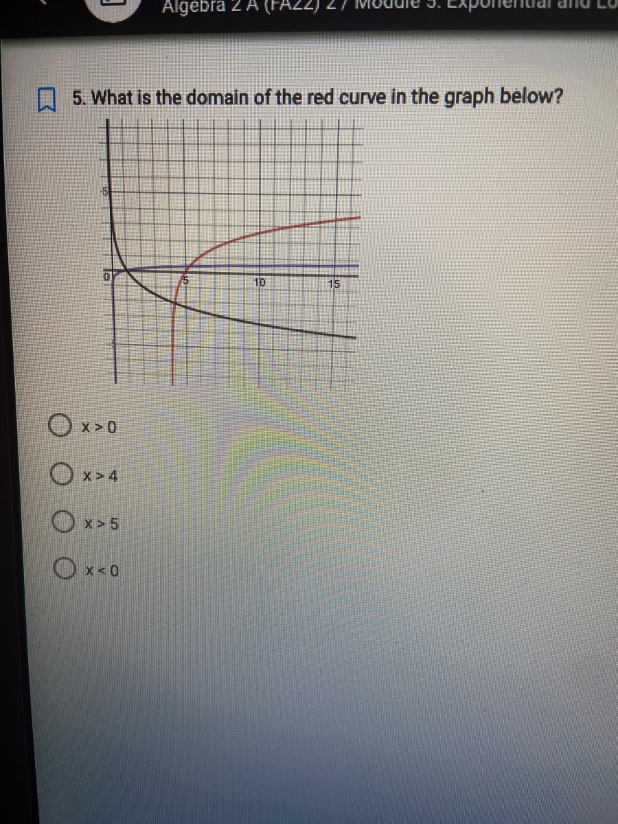 5. What is the domain of the red curve in the graph below?
-5
0
Algebra 2 A (FA22)
Ox>0
Ox>4
Ox>5
O x < 0
15
10
15