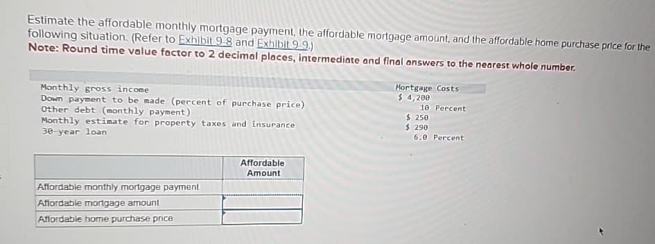 Estimate the affordable monthly mortgage payment, the affordable mortgage amount, and the affordable home purchase price for the
following situation. (Refer to Exhibit 9-8 and Exhibit 9-9.)
Note: Round time value factor to 2 decimal places, intermediate and final answers to the nearest whole number.
Monthly gross income
Down payment to be made (percent of purchase price)
Other debt (monthly payment)
Monthly estimate for property taxes and insurance
30-year loan
Mortgage Costs
$ 4,200
10 Percent
$ 250
$ 290
6.0 Percent
Affordable
Affordable monthly mortgage payment
Affordable mortgage amount
Affordable home purchase price
Amount