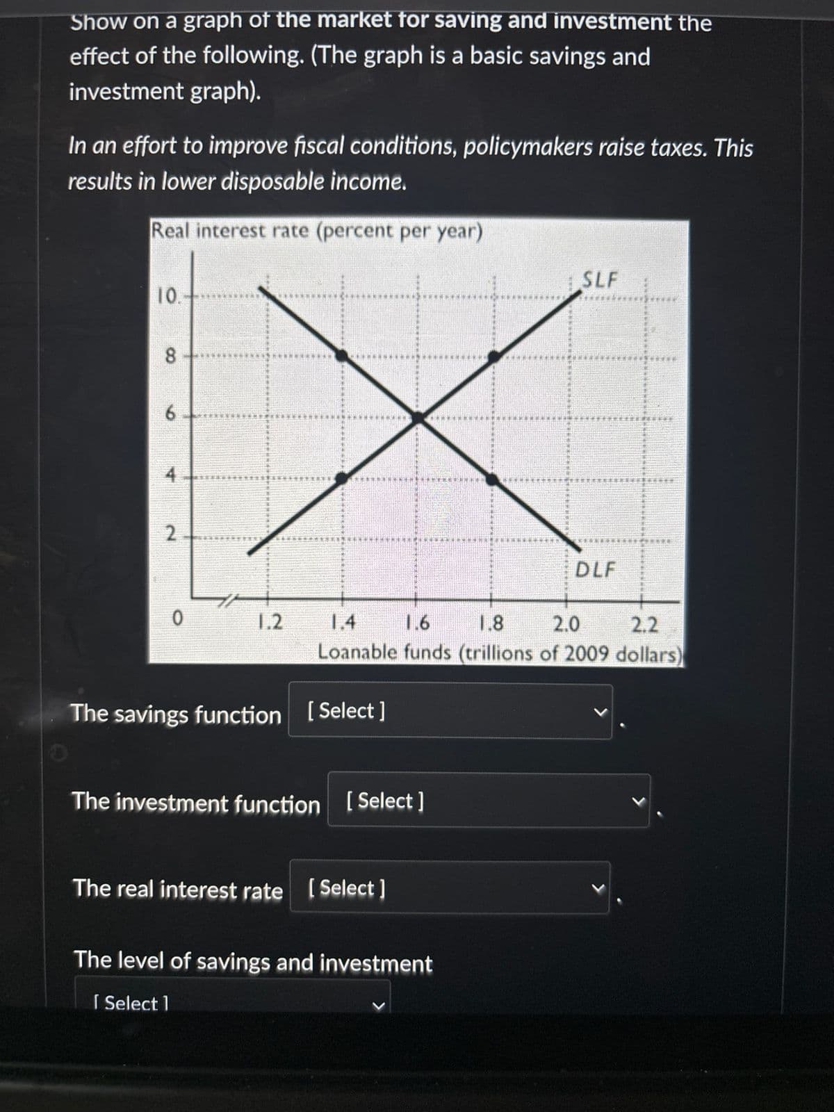 Show on a graph of the market for saving and investment the
effect of the following. (The graph is a basic savings and
investment graph).
In an effort to improve fiscal conditions, policymakers raise taxes. This
results in lower disposable income.
Real interest rate (percent per year)
10.
8
6
4
2
SLF
0
1.2
1.4
1.6
DLF
2.0
2.2
1.8
Loanable funds (trillions of 2009 dollars)
The savings function [Select]
The investment function [Select]
The real interest rate [Select]
The level of savings and investment
[Select]