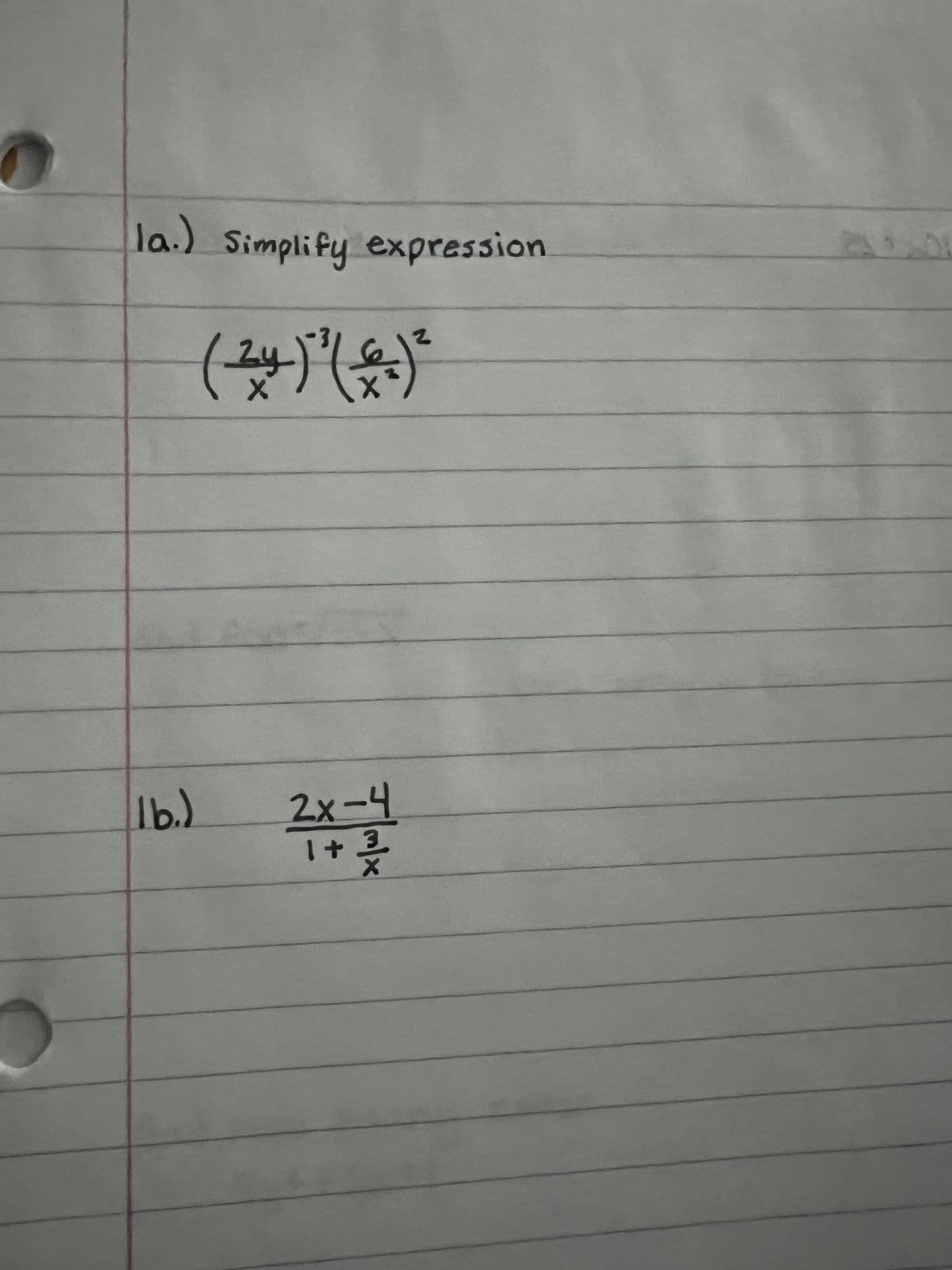 O
la.) Simplify expression
(24) ²¹( € ) ²
lb.)
2x-4
1 + ²/1/2
m/x