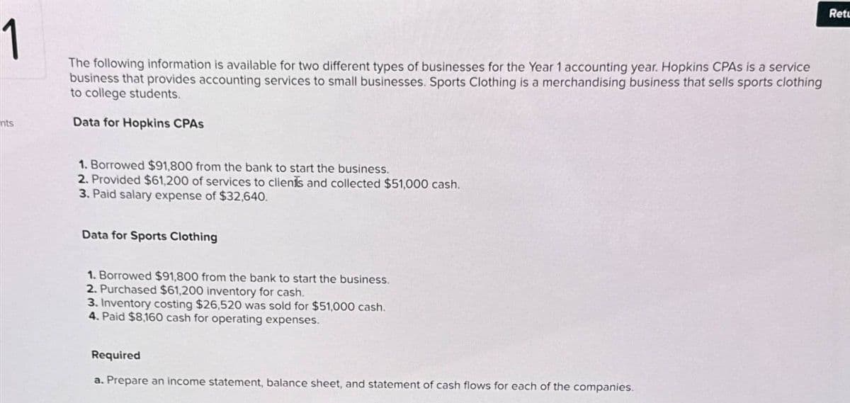 1
nts
The following information is available for two different types of businesses for the Year 1 accounting year. Hopkins CPAs is a service
business that provides accounting services to small businesses. Sports Clothing is a merchandising business that sells sports clothing
to college students.
Data for Hopkins CPAs
1. Borrowed $91,800 from the bank to start the business.
2. Provided $61,200 of services to clients and collected $51,000 cash.
3. Paid salary expense of $32,640.
Data for Sports Clothing
1. Borrowed $91,800 from the bank to start the business.
2. Purchased $61,200 inventory for cash.
3. Inventory costing $26,520 was sold for $51,000 cash.
4. Paid $8,160 cash for operating expenses.
Required
a. Prepare an income statement, balance sheet, and statement of cash flows for each of the companies.
Retu