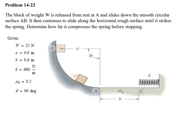 Problem 14-23
The block of weight W is released from rest at A and slides down the smooth circular
surface AB. It then continues to slide along the horizontal rough surface until it strikes
the spring. Determine how far it compresses the spring before stopping.
Given:
W = 25 N
a = 0.9 m
b = 0.6 m
N
k = 660
k
Hiz = 0.2
8 - 90 deg
B
