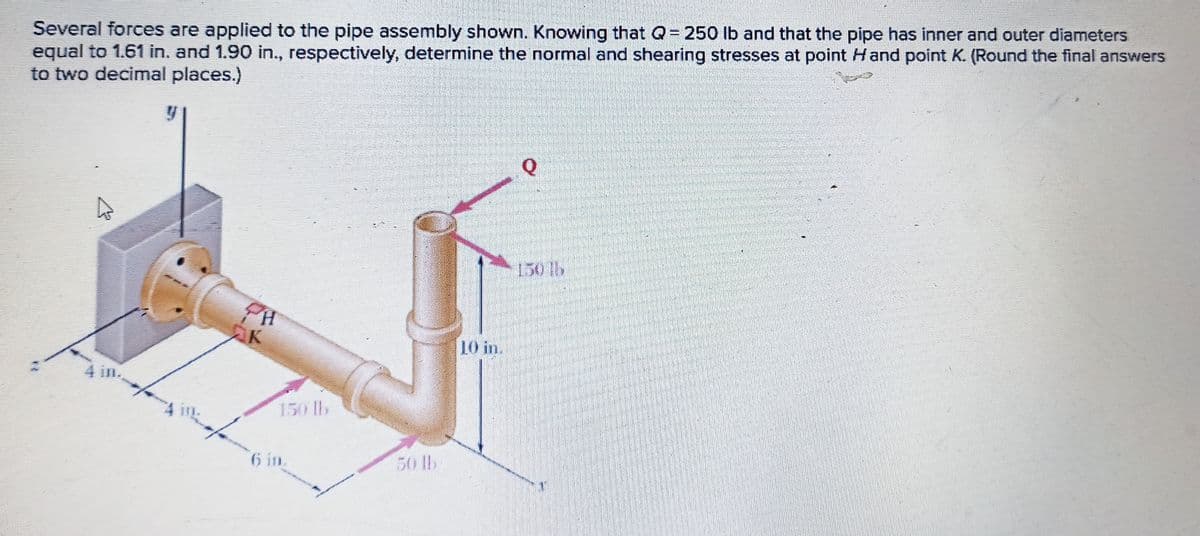 Several forces are applied to the pipe assembly shown. Knowing that Q= 250 lb and that the pipe has inner and outer diameters
equal to 1.61 in. and 1.90 in., respectively, determine the normal and shearing stresses at point Hand point K. (Round the final answers
to two decimal places.)
150 lb
PH
AK
10 in.
4 in.
in
150 lb
6 in.
50 lb
