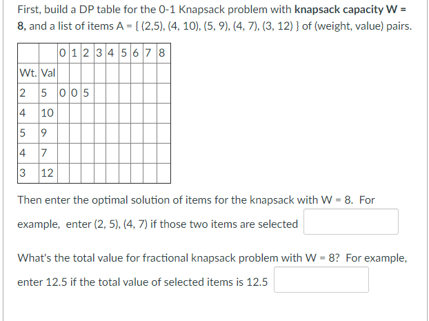 First, build a DP table for the 0-1 Knapsack problem with knapsack capacity W =
8, and a list of items A = { (2,5), (4, 10), (5, 9), (4, 7), (3, 12) } of (weight, value) pairs.
0 12 34 56 7 8
Wt. Val
5 005
4
10
9
4
7
3
12
Then enter the optimal solution of items for the knapsack with W = 8. For
example, enter (2, 5), (4, 7) if those two items are selected
What's the total value for fractional knapsack problem with W = 8? For example,
enter 12.5 if the total value of selected items is 12.5
2.
