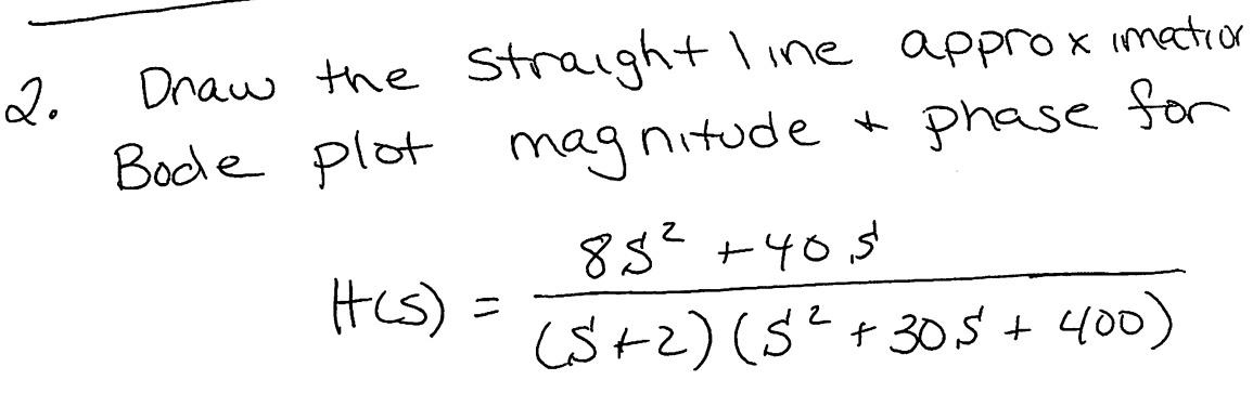 20
Draw the straight line approximation
* phase for
Bode plot magnitude *
H(s) =
85² +40,5
2
(5+2) (5²+30,5 + 400)