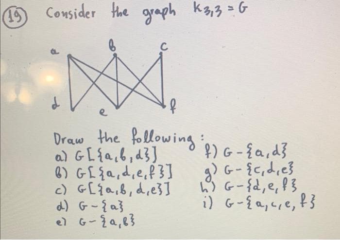 15 Consider the graph K3,3=G
d
if
e
Draw the following:
a) G[ {a,b,d}]
6) G[{a, d, e, f3]
c) G[{a,b,d,e}]
d) G-{a}
શે
- { ,કે
f) G-{a, d
g)
G-{c, d,e}
h) G-{d, e, f}
i) G-{a, c, e, f}