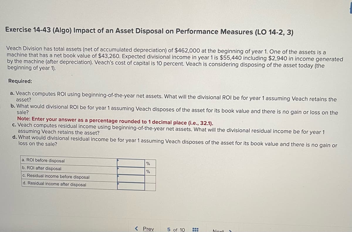 Exercise 14-43 (Algo) Impact of an Asset Disposal on Performance Measures (LO 14-2, 3)
Veach Division has total assets (net of accumulated depreciation) of $462,000 at the beginning of year 1. One of the assets is a
machine that has a net book value of $43,260. Expected divisional income in year 1 is $55,440 including $2,940 in income generated
by the machine (after depreciation). Veach's cost of capital is 10 percent. Veach is considering disposing of the asset today (the
beginning of year 1).
Required:
a. Veach computes ROI using beginning-of-the-year net assets. What will the divisional ROI be for year 1 assuming Veach retains the
asset?
b. What would divisional ROI be for year 1 assuming Veach disposes of the asset for its book value and there is no gain or loss on the
sale?
Note: Enter your answer as a percentage rounded to 1 decimal place (i.e., 32.1).
c. Veach computes residual income using beginning-of-the-year net assets. What will the divisional residual income be for year 1
assuming Veach retains the asset?
d. What would divisional residual income be for year 1 assuming Veach disposes of the asset for its book value and there is no gain or
loss on the sale?
a. ROI before disposal
b. ROI after disposal
c. Residual income before disposal
d. Residual income after disposal
%
%
< Prev
5 of 10
HH
Next