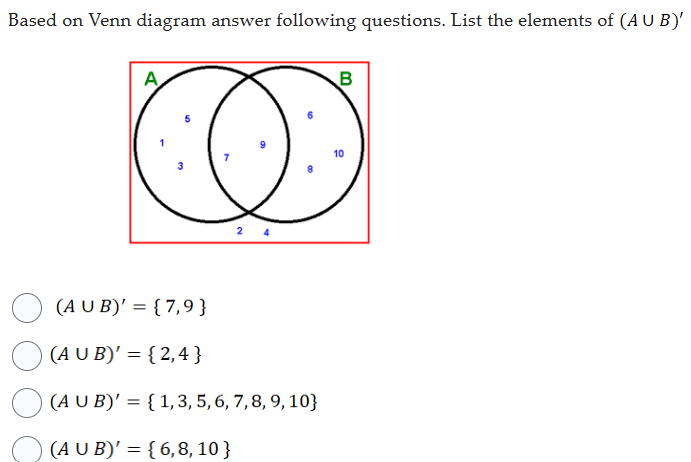 Based on Venn diagram answer following questions. List the elements of (AUB)'
A
B
3
2
(AUB)'={7,9}
(AUB)'= {2,4}
(AUB)'={1, 3, 5, 6, 7, 8, 9, 10}
(A U B)' = { 6, 8, 10 }
10