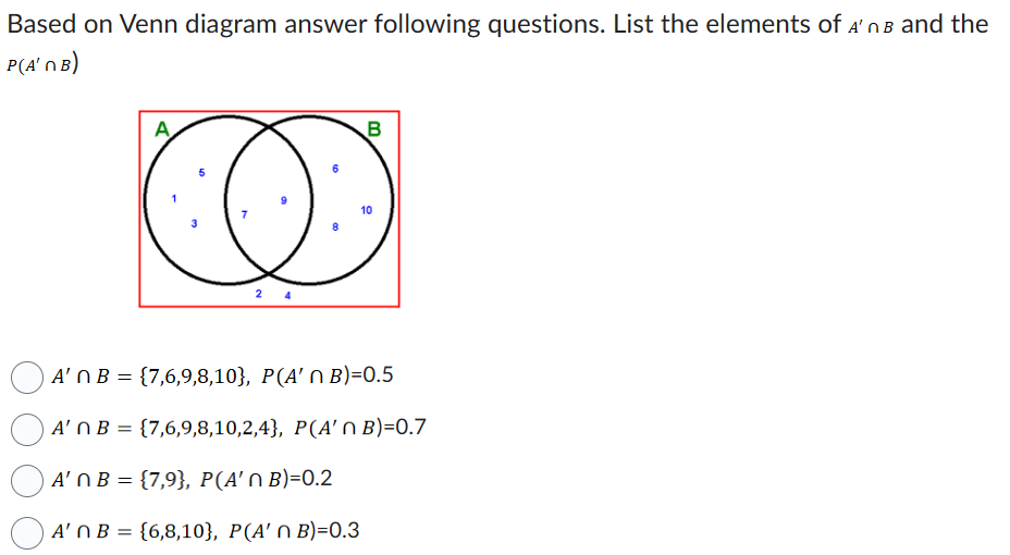 Based on Venn diagram answer following questions. List the elements of A'nB and the
P(A'ПB)
A
B
3
5
2
10
A'n B = {7,6,9,8,10}, P(A' n B)=0.5
A'n B = {7,6,9,8,10,2,4}, P(A'n B)=0.7
A' n B = {7,9}, P(A' n B)=0.2
A'n B = {6,8,10}, P(A'n B)=0.3