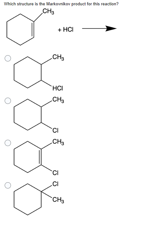 Which structure is the Markovnikov product for this reaction?
CH3
+ HCI
CH3
HCI
CH3
CI
CH3
CI
.CI
CH3