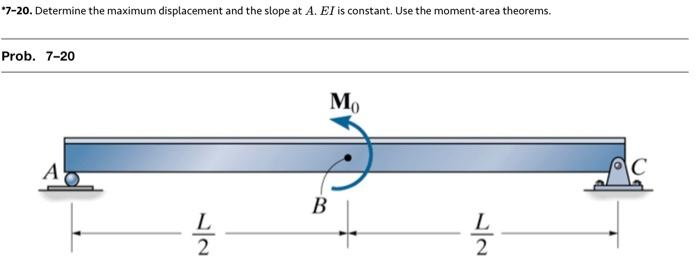 *7-20. Determine the maximum displacement and the slope at A. EI is constant. Use the moment-area theorems.
Prob. 7-20
A
L
2
Mo
B
↓
L
2
C