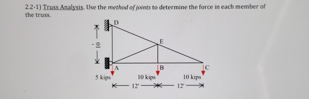 2.2-1) Truss Analysis. Use the method of joints to determine the force in each member of
the truss.
K
5 kips
10 kips
12'
E
B
10 kips
12'
C