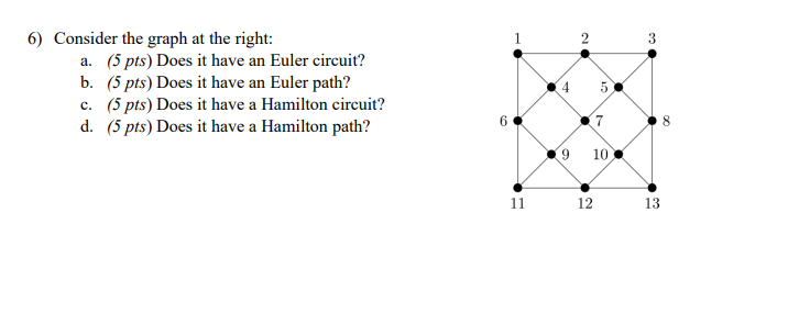 6) Consider the graph at the right:
b.
a. (5 pts) Does it have an Euler circuit?
(5 pts) Does it have an Euler path?
c. (5 pts) Does it have a Hamilton circuit?
d. (5 pts) Does it have a Hamilton path?
1
2
4
K
6
7
9 10
11
12
3
13
00
8