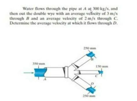 Water flows through the pipe at A at 300 kg/s, and
then out the double wye with an average velocity of 3 m/s
through B and an average velocity of 2 m/s through C.
Determine the average velocity at which it flows through D.
250 mm
350 mm
150 mm
250 mm
