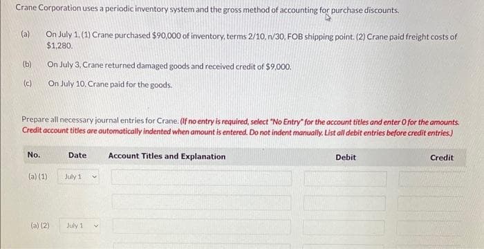 Crane Corporation uses a periodic inventory system and the gross method of accounting for purchase discounts.
On July 1, (1) Crane purchased $90,000 of inventory, terms 2/10, n/30, FOB shipping point. (2) Crane paid freight costs of
$1,280.
(a)
(b)
(c)
On July 3, Crane returned damaged goods and received credit of $9,000.
On July 10. Crane paid for the goods.
Prepare all necessary journal entries for Crane. (If no entry is required, select "No Entry for the account titles and enter 0 for the amounts.
Credit account titles are automatically indented when amount is entered. Do not indent manually. List all debit entries before credit entries.)
No.
(a) (1)
(a) (2)
Date
July 1
July 1
Account Titles and Explanation
Debit
Credit